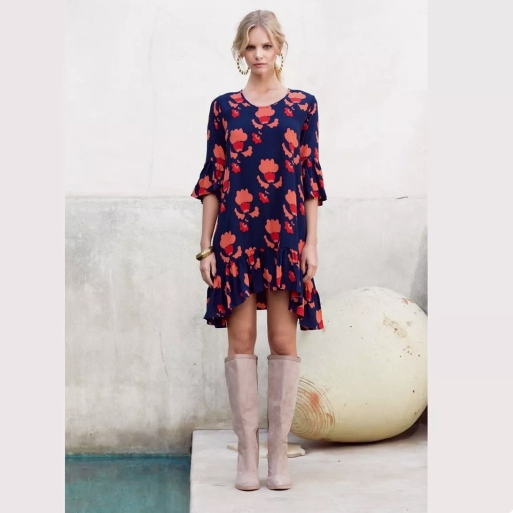 Mister Zimi Navy Blue Orange Floral Asymmetrical Ruffle Bell Sleeve Dress Size 6